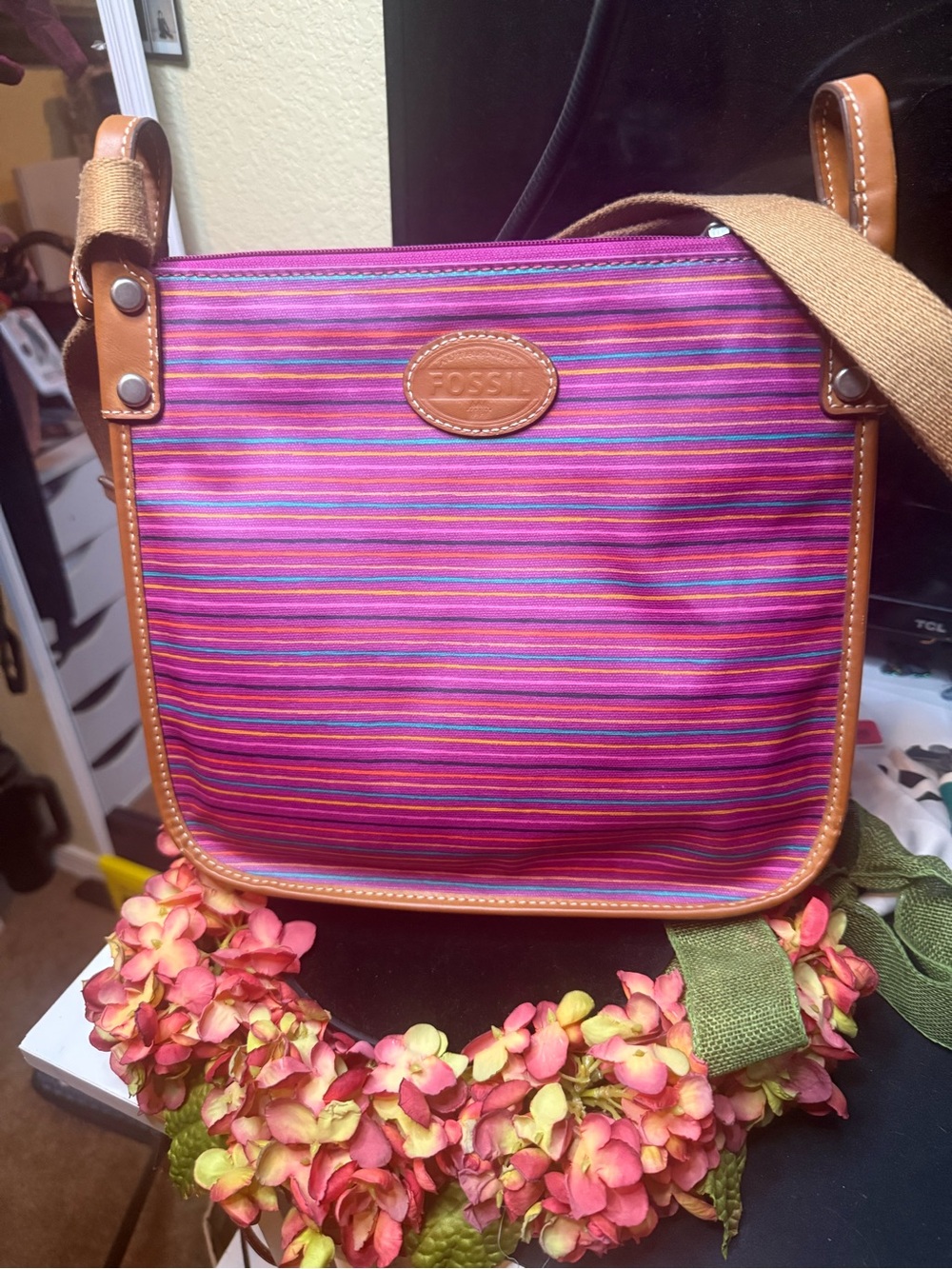 Fossil Pink and Purple Striped Canvas Crossbody Bag